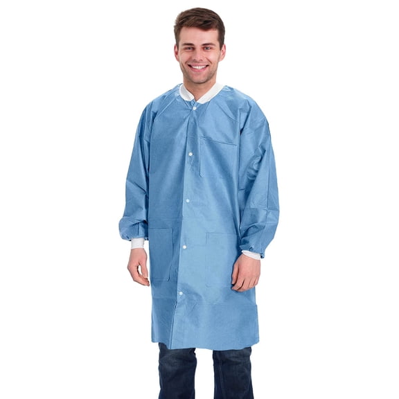 Disposable Lab Coats SMS Material Ceil Blue 50 count 2X-Large 46 in Long with Snap Closure