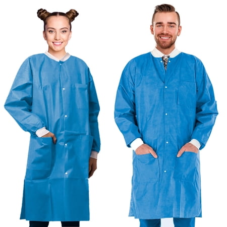 Disposable Lab Coats for Adults, 4X-Large Blue 50 GSM SMS Knee-Length Coat, Knit Collar and Cuffs, Snap Closure, 3 Pockets, Pack of 30