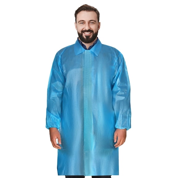 Disposable Lab Coats Polyethylene Polypropylene Fabric Blue 40 count Large 40 in Long