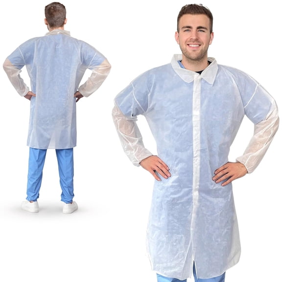 White Disposable Lab Coats, Splash-Proof Polypropylene PPE, 10 Count, Large