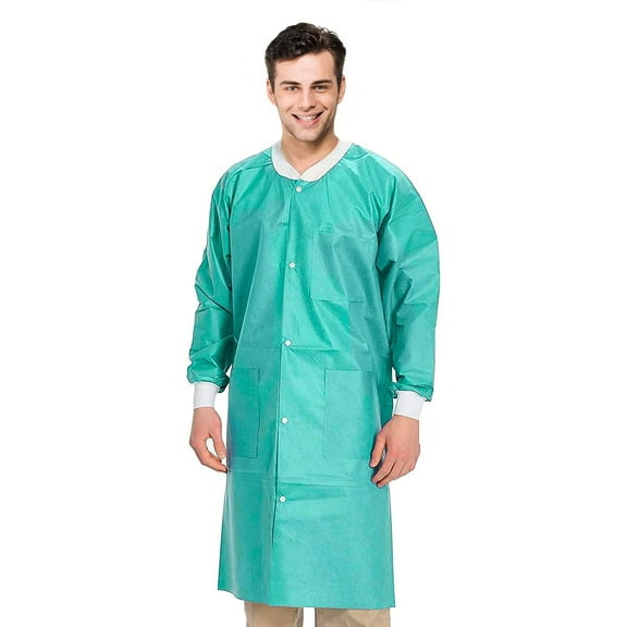 Disposable Lab Coats for Adults, Large. Pack of 50 Teal Blue SMS Knee Length Lab Coat Disposable. 45 GSM Disposable Coats Medical. Painting Lab Coat with Cuffs, Knit Collar, and 3 Pockets