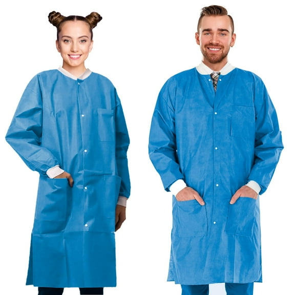 Blue SMS Lab Coats, 50 GSM Heavy-Duty with Knit Collar & Cuffs, 30 Count, Small