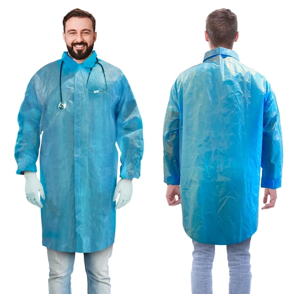 Disposable Lab Coats Waterproof Blue 40 count, X-Large 41 in Long with Cuffs and Hook and Loop Fasteners