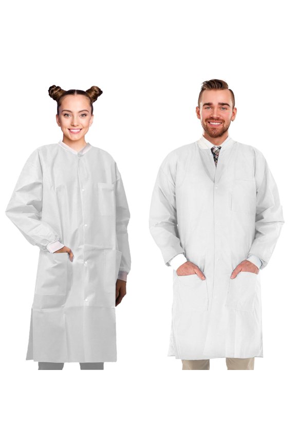 White SMS Disposable Lab Coat, 2X-Large, Knee-Length, Snap Front, 3 Pockets, 30 count