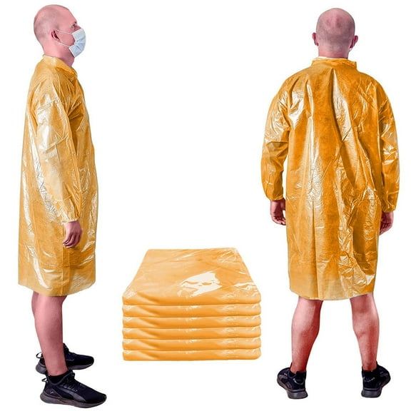 Disposable Lab Coats. Pack of 50 Polyethylene Orange Protective Robes 3X-Large with Elastic Wrists. Unisex Waterproof Workwear. Lightweight, Breathable PPE Frocks in Bulk for Painting.