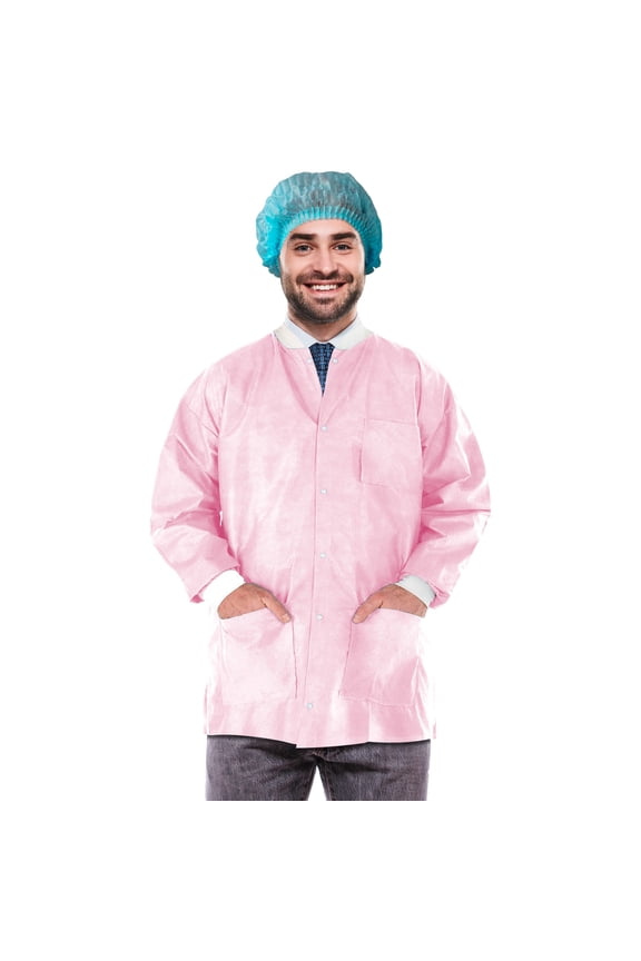 Disposable Lab Jackets SMS Material Light Pink 100 count Small 29 in Long with Snap Front