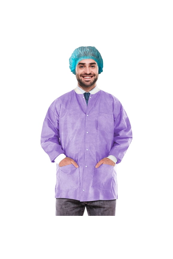 Disposable Lab Jackets SMS 50 GSM Purple Small 29 in Long with Snap Front 100 count pack