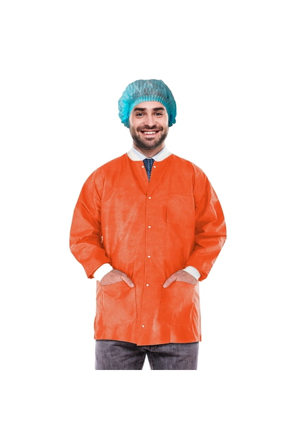 Disposable Lab Jackets SMS Material Orange Medium 30 in Long with Snap Front 100 count pack