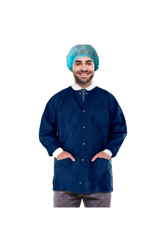 Disposable Lab Jackets SMS Material True Blue 100 count, Medium, 30 in Long with Snap Front