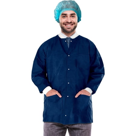 Disposable Lab Jacket, 30 Inches Long. Pack of 100 True Blue Disposable Hip-Length Workwear Medium. SMS 50 gsm Disposable Shirts with Snaps Front, Knit Cuffs, 3 Pockets. Unisex PPE Coat