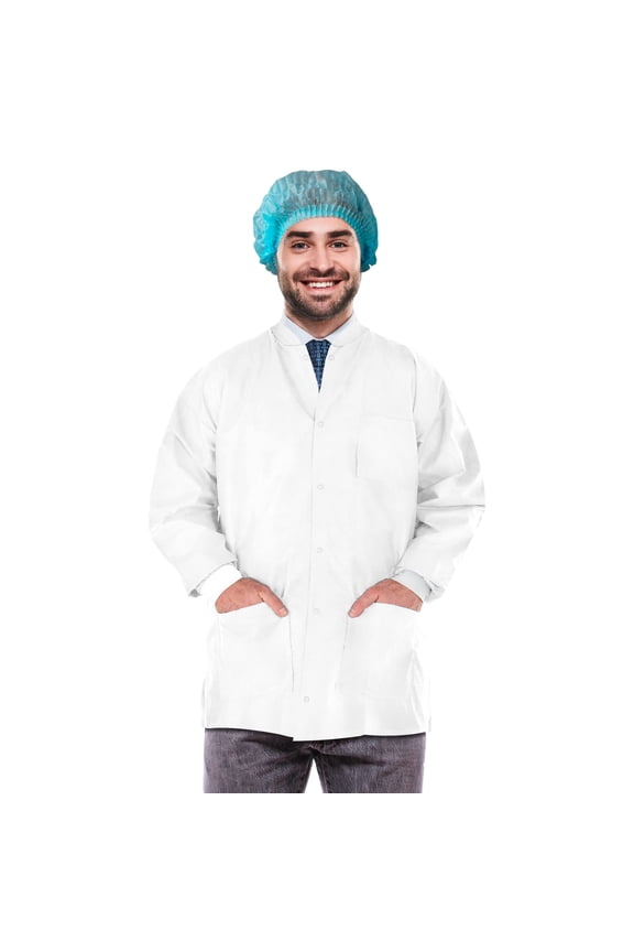Disposable Lab Jackets SMS 50 GSM White 100 count Medium 30 in Long with Snap Front and 3 Pockets
