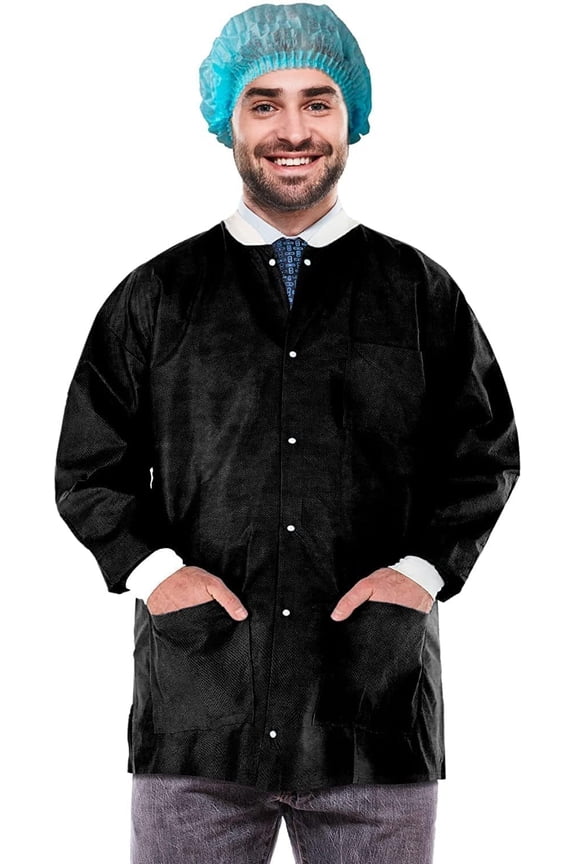 Disposable Lab Jackets SMS Material Black Large 10 pack, 31 in Long with Snap Front and 3 Pockets