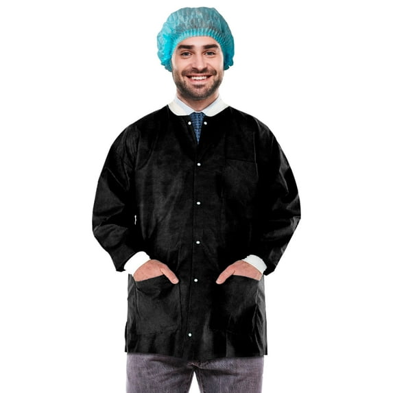 Disposable Lab Jacket, 31 Inches Long. Pack of 100 Black Disposable Hip-Length Workwear Large. SMS 50 gsm Disposable Shirts with Snaps Front, Knit Cuffs & Collar, 3 Pockets. Unisex PPE Coat