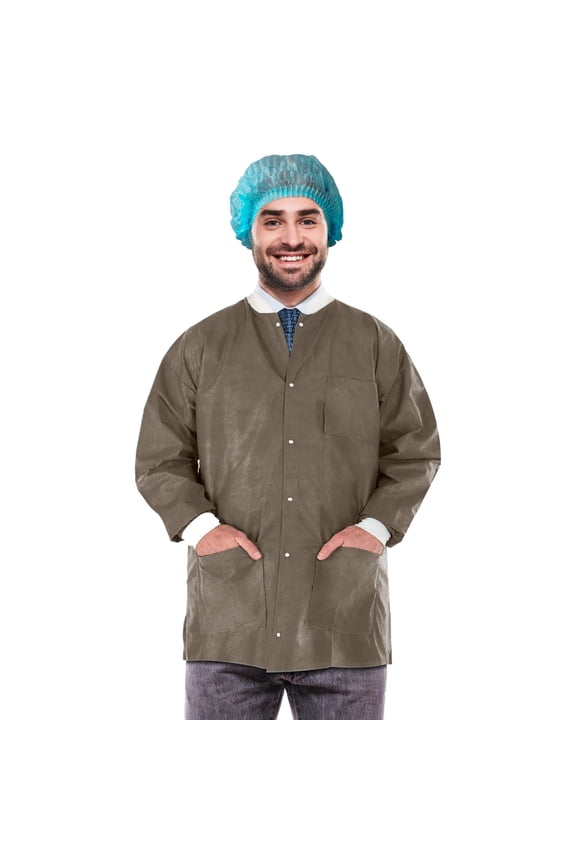 Disposable Lab Jackets SMS 50 GSM Coffee Color 100 count x-large 32 in long with Snap Front