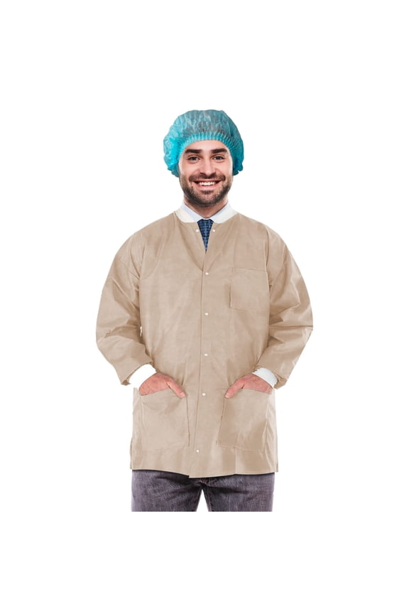 Disposable Lab Jackets SMS Material Tan 100 count X-Large 32 in Long with Snap Front and 3 Pockets