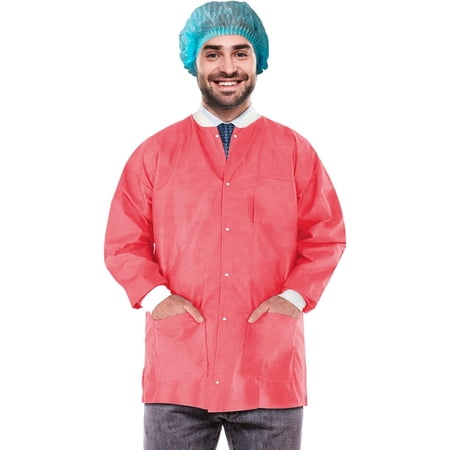 Disposable Lab Jacket, 33 Inches Long. Pack of 100 Coral Pink Disposable Hip-Length Workwear XX-Large. SMS 50 gsm Disposable Shirts with Snaps Front, Knit Cuffs, 3 Pockets. Unisex PPE Coat