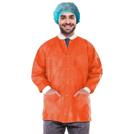 Disposable Lab Jackets SMS 50 GSM Orange 100 count 2X-Large 33 in Long with Snap Front and Pockets