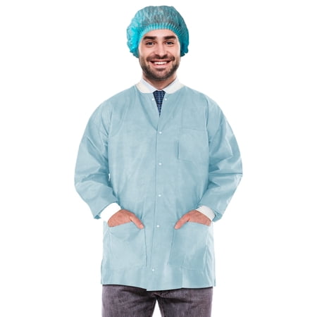 Disposable Lab Jacket, 33 Inches Long. Pack of 100 Sky Blue Disposable Hip-Length Workwear XX-Large. SMS 50 gsm Disposable Shirts with Snaps Front, Knit Cuffs, 3 Pockets. Unisex PPE Coat
