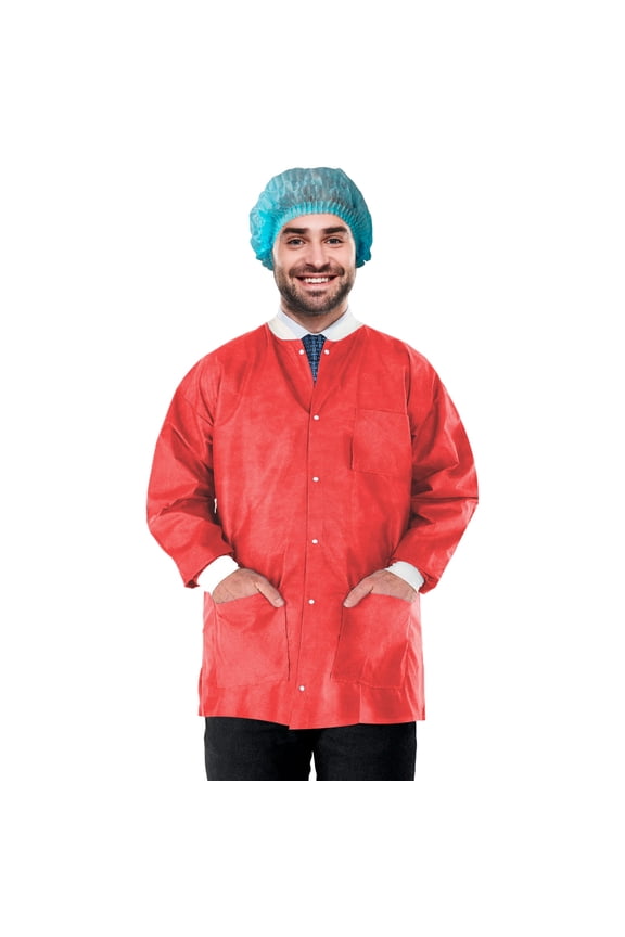 Disposable Lab Jackets SMS 50 GSM Red Small 29 in Long with Snap Front 100 count pack