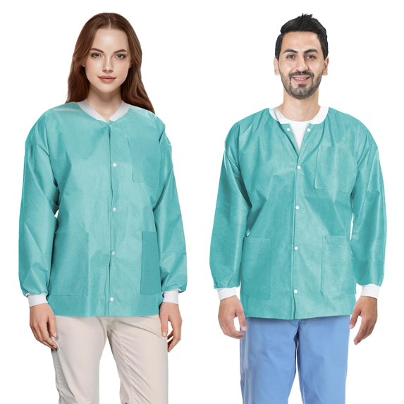 Disposable Lab Jackets for Adults, Pack of 10 Medium Teal Disposable Jackets with Knitted Cuffs, Collar, 3 Pockets, 45 gsm SMS Disposable Lab Jacket Unisex, Disposable Jacket