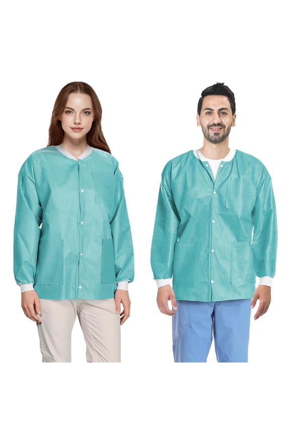 Disposable, Knitted Cuffs, 3 Pockets Lab Jackets Teal, 50 Pack (Adults, Unisex)