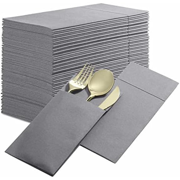 Disposable Linen-Feel Dinner Napkins with Built-in Flatware Pocket, 500-Pack GRAY Prefolded Cloth Like Paper Napkins For Dinner, Wedding Or Party [Silverware NOT Included]