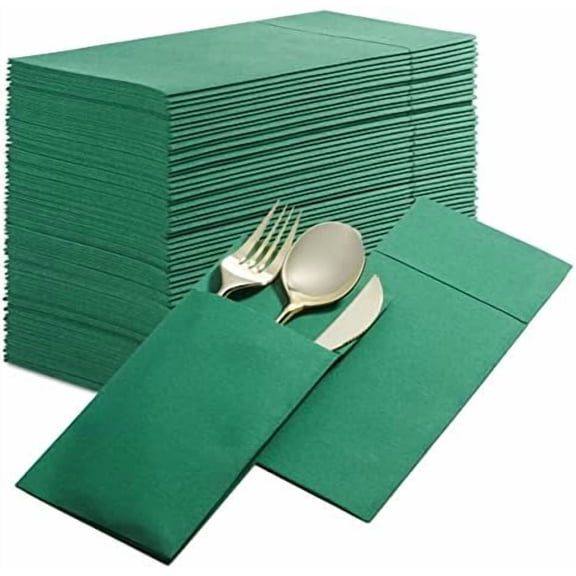 Disposable Linen-Feel Dinner Napkins with Built-in Flatware Pocket, 500-Pack GREEN Prefolded Cloth Like Paper Napkins For Dinner, Wedding Or Party [Silverware NOT Included]