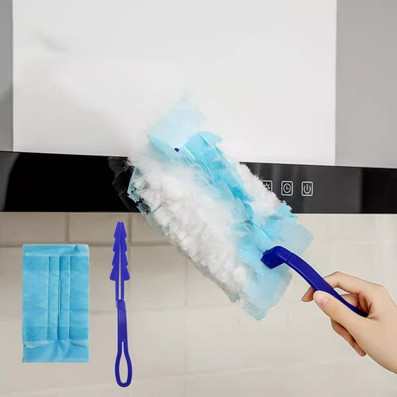 Disposable Lint Remover Duster Brush with 10-Pack Soft Polyester Bristles Head & Handle Set for Pet Hair Furniture House Cleaning Dusting Wand (Blue)