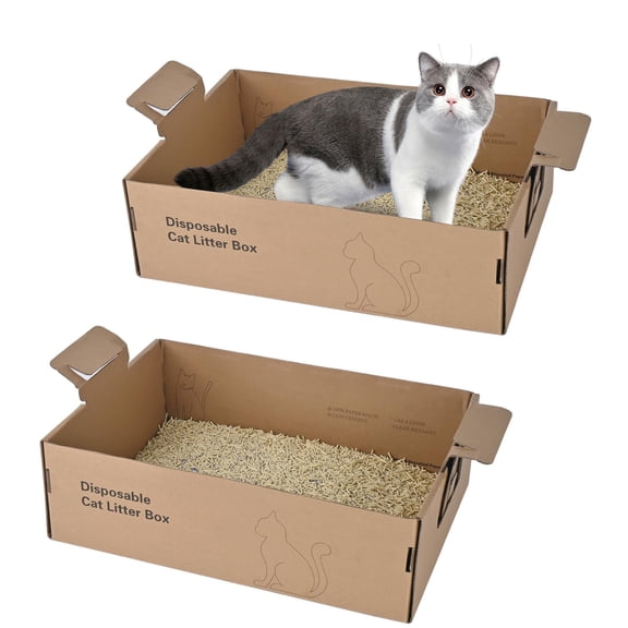 Disposable Litter Boxes for Cats, 2 Pack Large Cardboard Cat Litter Box, Extra Thick Portable Travel Litter Box for Home, Foldable Waterproof Leak Resistant High Sided, Brown