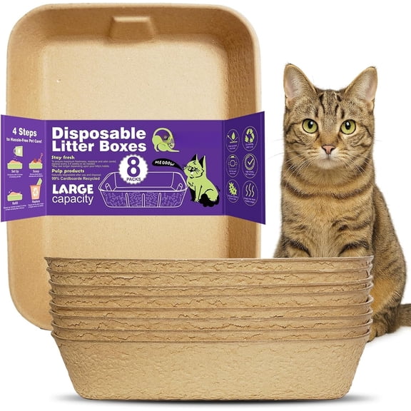 Disposable Litter Boxes for Cats, 8 Pack  Litter Trays for Travel, Temporary Use, or Liner - Leak-Proof, , Easy Clean-Up (16.1" x 12.4" x 3.7")