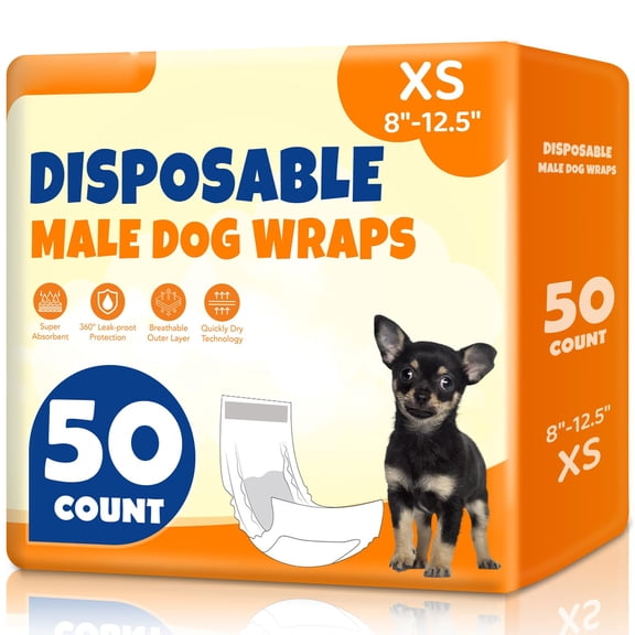 Disposable Male Dog Wraps, Super Absorbent Belly Bands for Dogs, Leak Proof Dog Diapers with Wetness Indicator, Comfortable Pee Wraps for Puppy and Small Dogs, X-Small Size, White