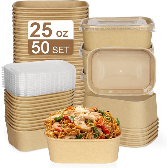 Disposable Meal Prep Containers, 25oz Paper Bowls with Lids and Forks,Microwavable Freezer Safe Kraft Food Storage, Microwave and Freezer Storage Safe for Salad, Leftovers, Soup, Snack-750ml
