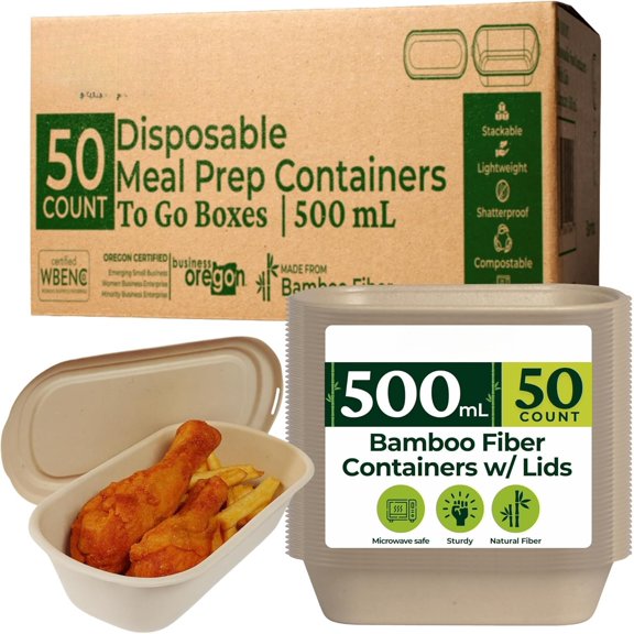 Disposable Meal Prep Containers with  (Pack of 50), 500 mL (17oz) | Heavy Duty  Fiber To Go  Containers - Leak Resistant, Microwave & Freezer Safe