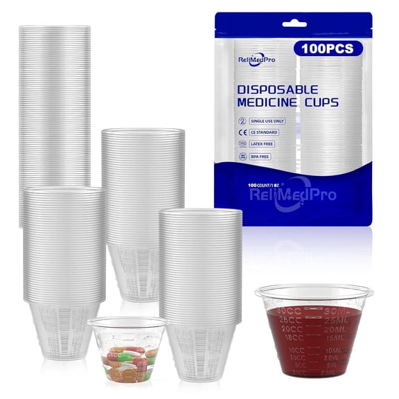 Disposable Medicine Cups Graduated, Bulk Pack of 100, 1 oz (30ml) Small Plastic Measuring Cup for Liquid Medication, Paint, epoxy, Pill and Resin.