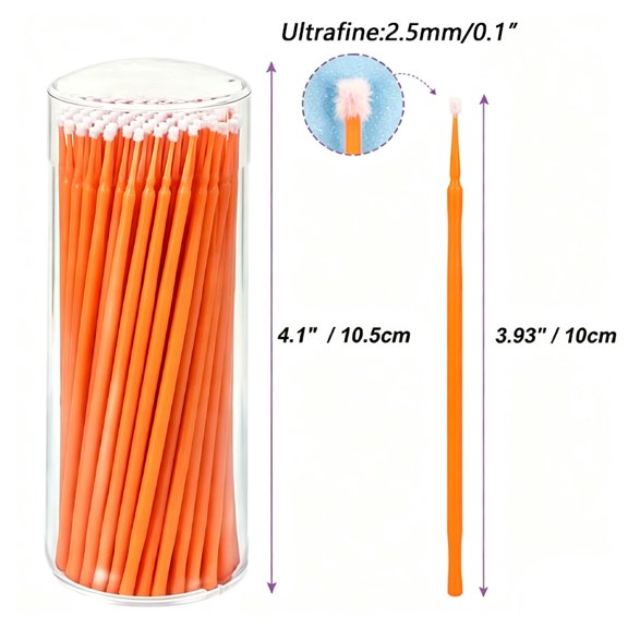 Disposable Micro Applicator Brushes, 100Pcs Orange 2.5mm Superfine Small Head Microswabs, Multi-Use Tool for Eyelash Extension, Makeup Glue Removal & Lip Cosmetic Application