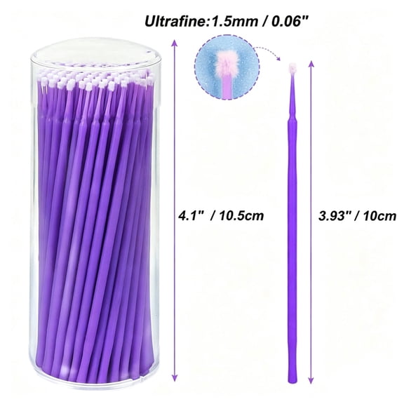 Disposable Micro Applicator Brushes, 100Pcs Purple 1.5mm Superfine Small Head Microswabs, Multi-Use Tool for Eyelash Extension, Makeup Glue Removal & Lip Cosmetic Application