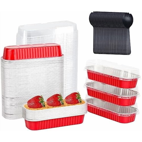 Disposable Mini Cake Pans with Lids 100 Pack, 6.8oz Rectangle Mini Loaf Pan Baking Cups Muffin Tin,Aluminum Foil Cupcake Baking Tins Containers for Christmas New Year-Red