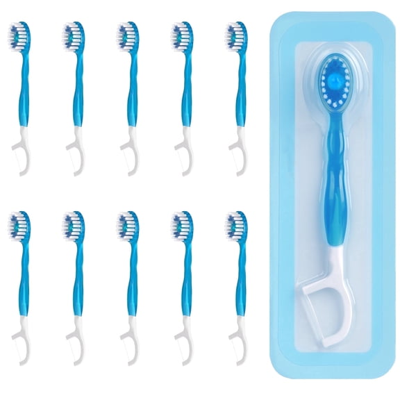 Disposable Mini Travel Toothbrushes - 5 in 1 Mini Brushes with Toothpaste Floss Pick Tongue Scraper- 10 Count
