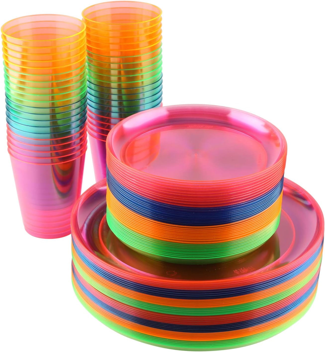 Disposable Neon Party Essentials Plates + Cups Set 16 Pack Assorted