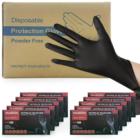 Disposable Nitrile Gloves: 5 Mil, Latex & Powder-Free, Textured, Food-Safe, Black