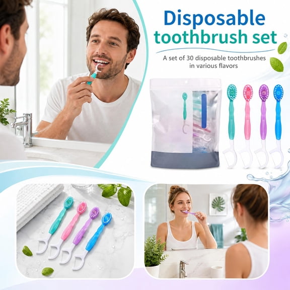 Disposable Oral Care Kit, Disposable Floss Toothbrush 30 Count, Plaque Remover 4 Assorted Flavor Burst Toothbrushes, Portable Floss Pick Integrated 2-In-1 Design, Plastic Handle