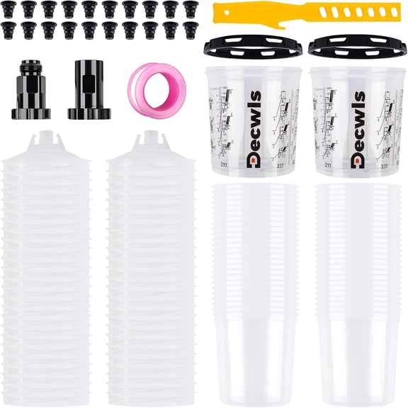 Disposable Paint Cup System 20 Ounce (600ml) Kit - 50 Pack Cups with Lids, 2 Hard Retainer Ring, Plugs, Adapter, PTFE Tape, Stirrer for Automotive Gun