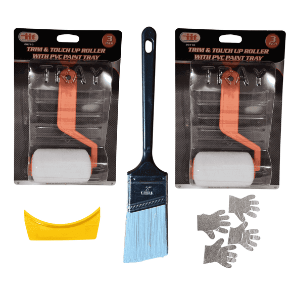 Disposable Paint TouchUp Kit including - 2 Rollers & 2 Trays, 1 Brush, 1 Can Spout and 2 Pairs of  Gloves