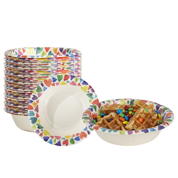 Disposable Paper Bowls 8 oz, 30 Count Heart Bowls, Soak Proof, Microwave-Safe Bowls, 5.5 inch Round Bowls for Home, Camping, Birthday Party Decorations