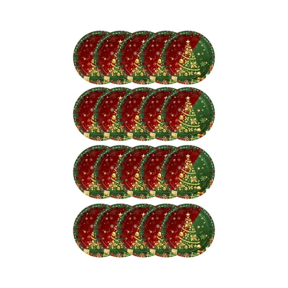 Disposable Paper Christmas Tree Snowflake Bells Dessert 7" Plates, Red, Green, Gold, Serves 20, Modern Classic Style