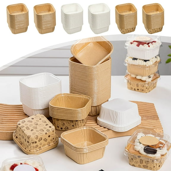 Disposable Paper Cupcake Baking Cups 50-Pack Brown White Coated Paper Muffin Liners Heat Resistant 8.5x8.5x3.5cm Microwave Safe Party Wedding Birthday Celebration Boxes