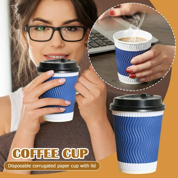 Disposable Paper Cups With Lids, Insulated Takeaway Cups With Corrugated Double Wall (S-Ribbed), 400Ml Capacity 50 Count For Office Daily Use & Takeaway Beverages