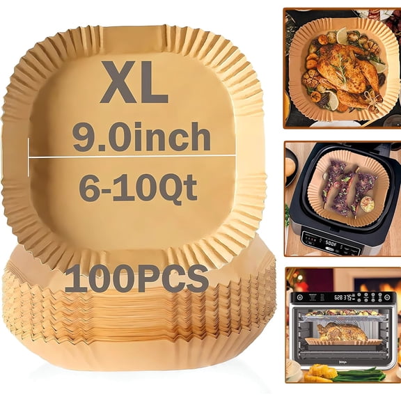 Disposable Paper Liner, Natural Baking Parchment Paper Air fryer liners,Thickened Oil-Proof High Temperature,for Air Fryers,Ovens,Pan and Microwaves (9inch-XL-Thick, square-Brown)