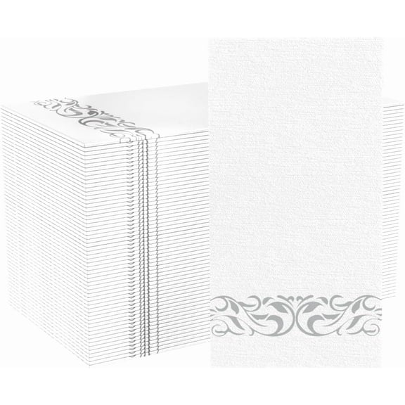 Disposable Paper Napkins with Silver Design, Linen-Feel Hand Towels, 12x17 Inch Elegant White Napkins for Kitchen, Wedding, Parties, Dinners
