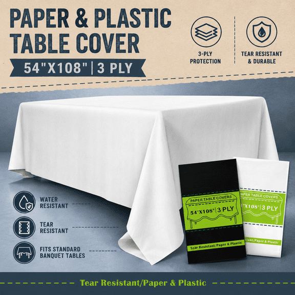Disposable Paper Plastic Tablecloths 54 x 108 Inch 12 Pack Rectangle Table Use